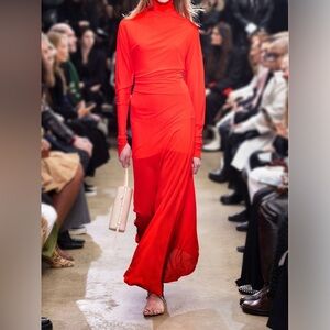 Proenza Schouler Paula Draped Jersey Turtleneck Maxi Dress Red Sheer Sz 12